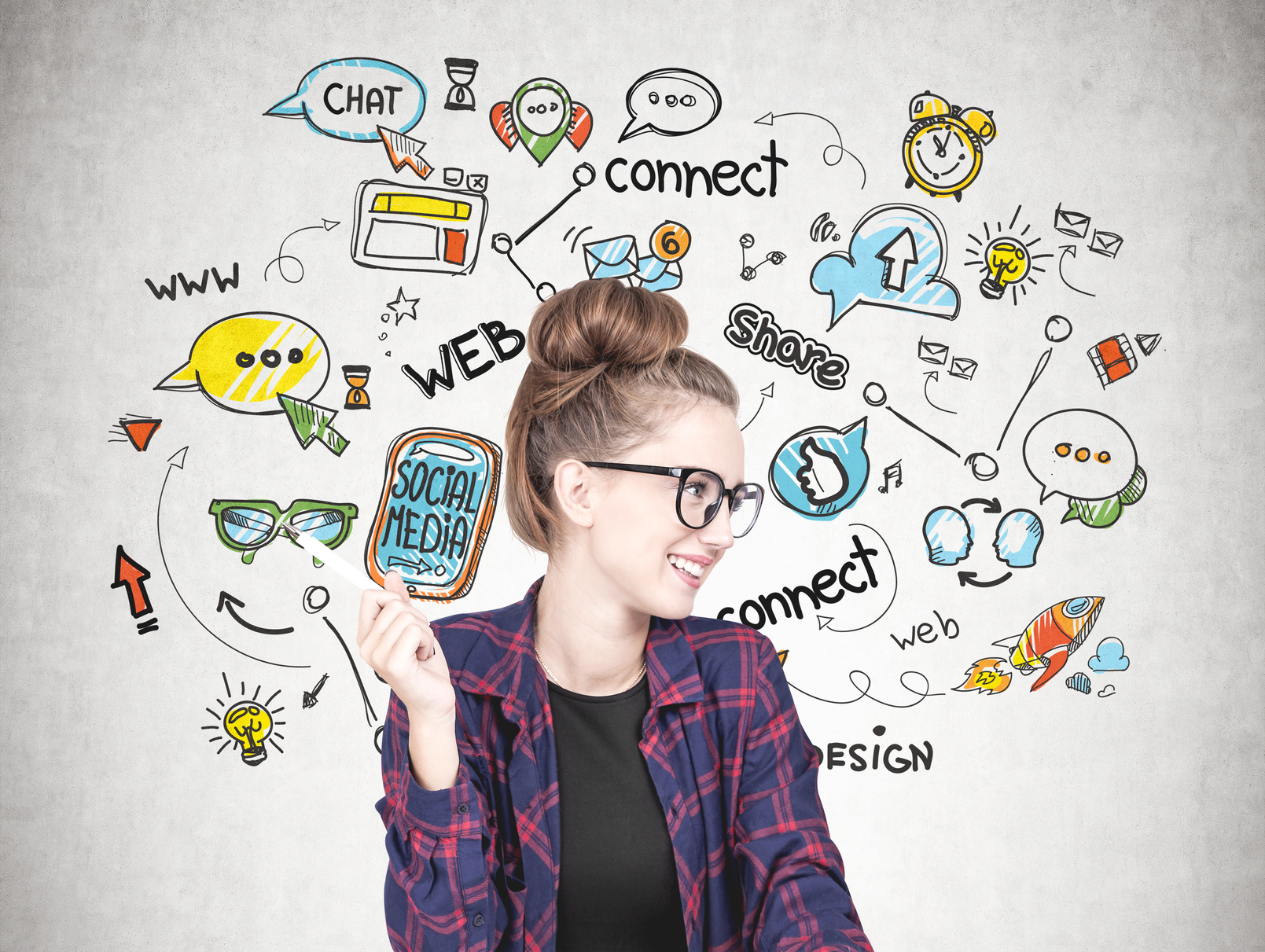Cheerful young hipster woman, social media